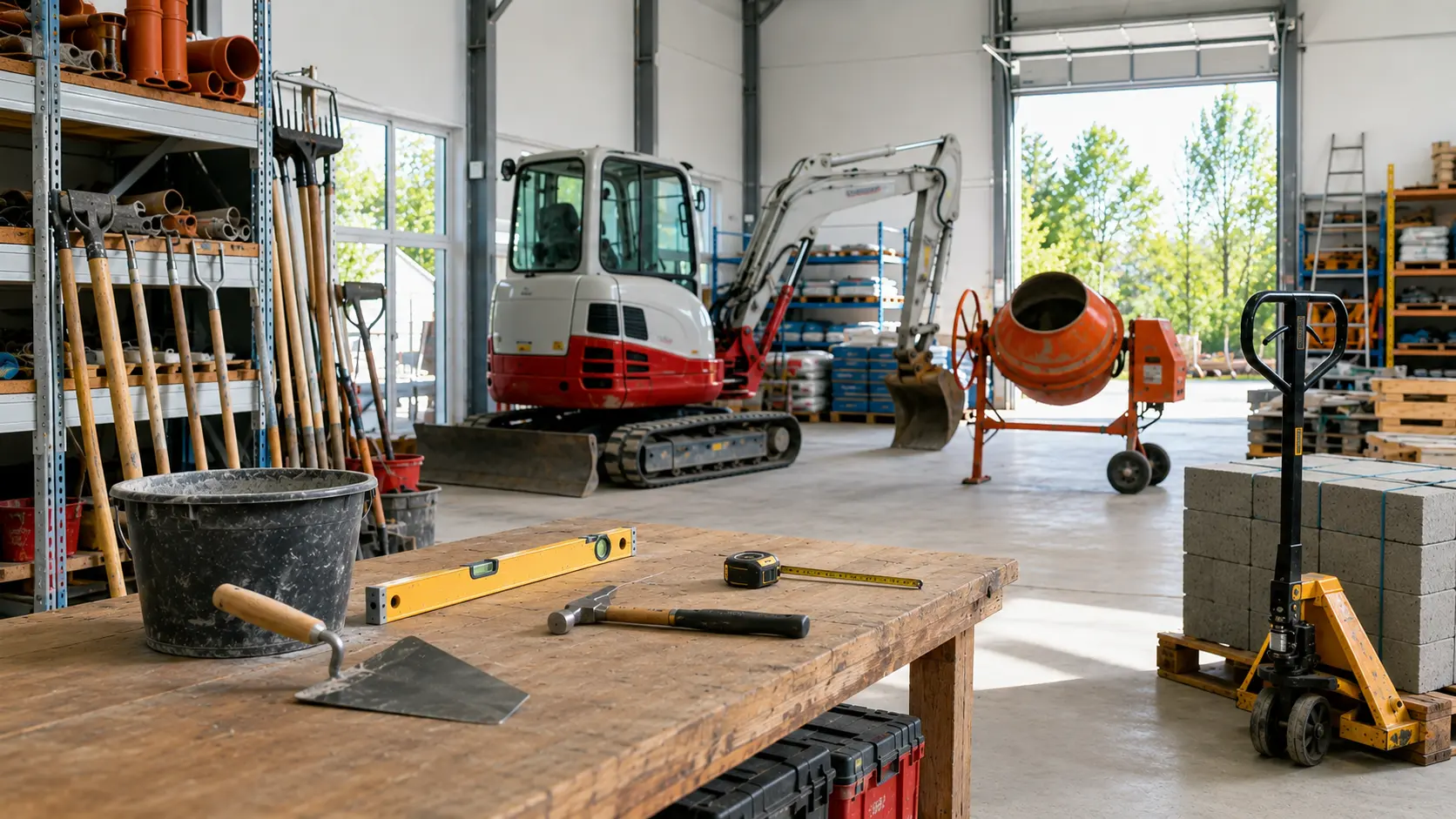 Outils et engins réels dans l’entrepôt d’une entreprise de construction