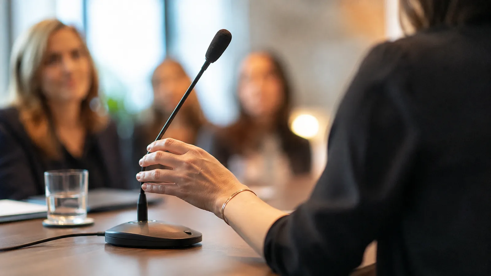 Main d’un entrepreneur s’avançant vers un micro lors d’une petite réunion professionnelle.