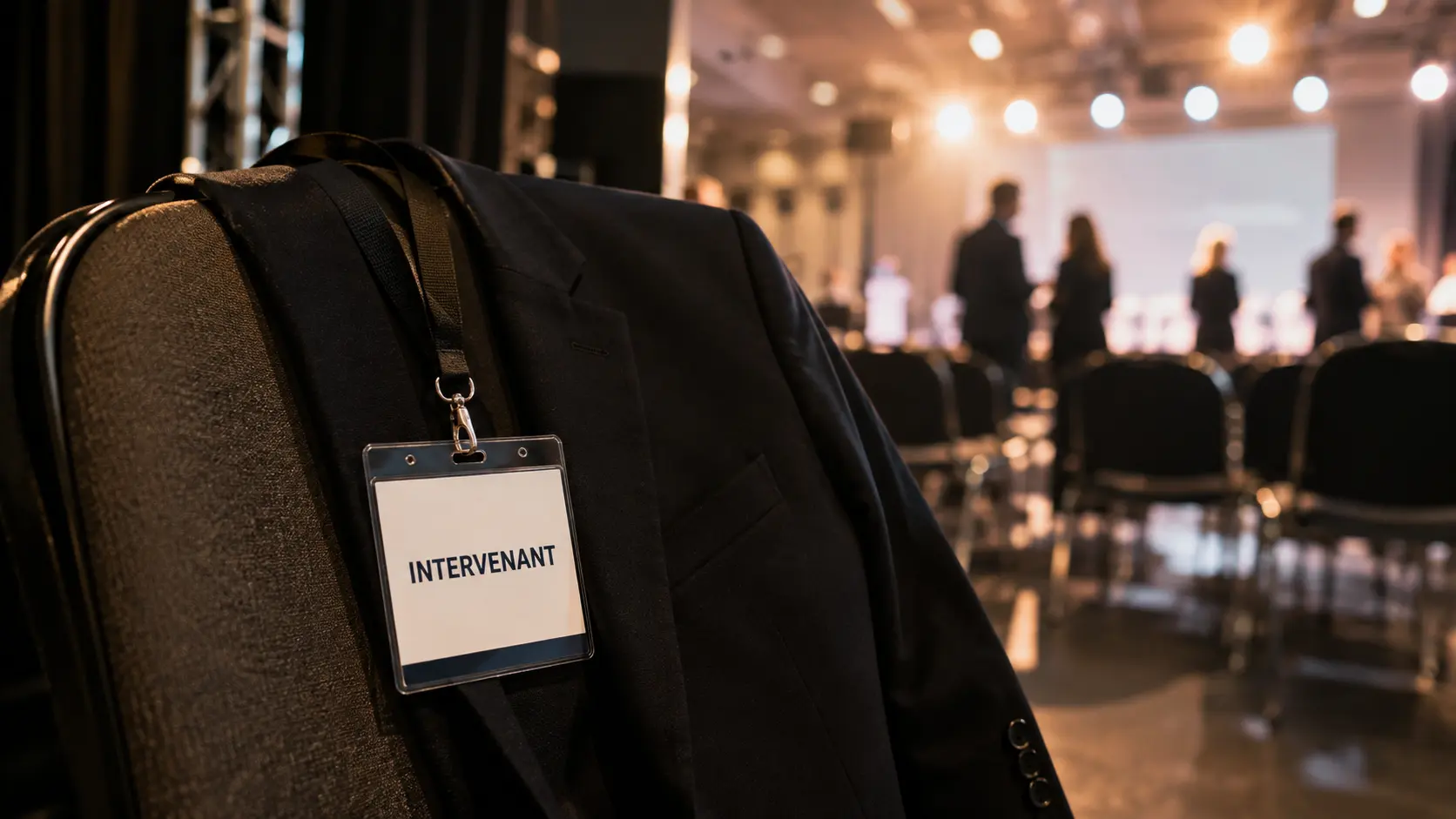 Veste et badge Intervenant préparés avant une prise de parole professionnelle