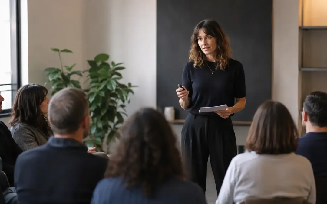 Entrepreneure prenant la parole devant un petit groupe professionnel