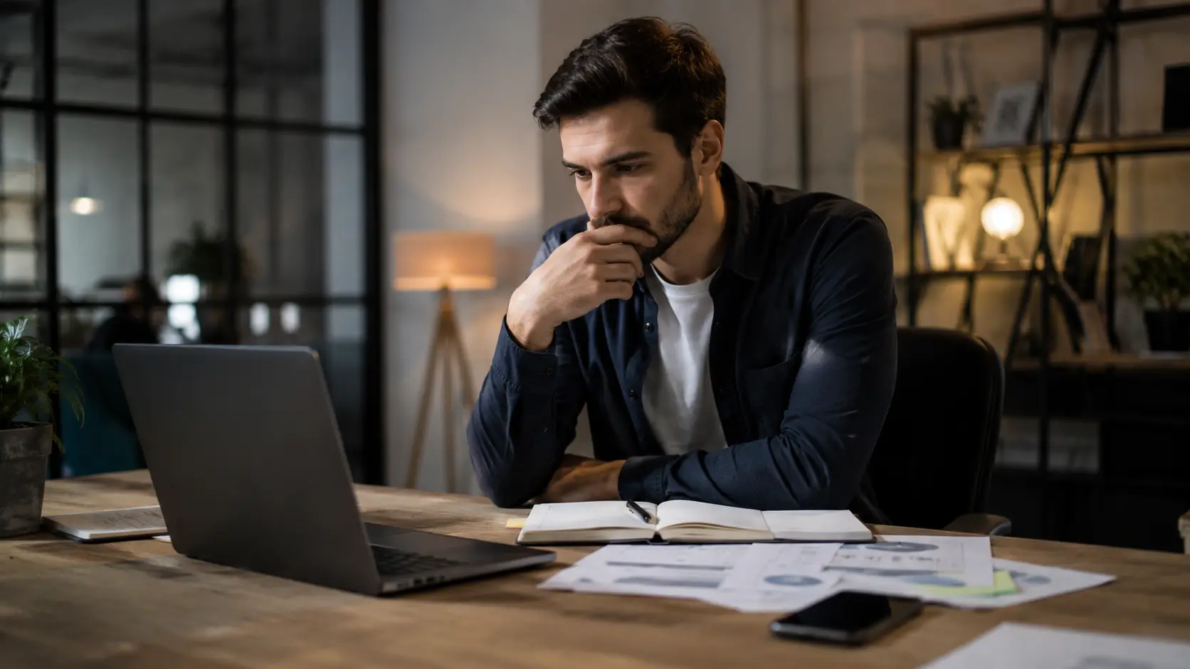 Entrepreneur regardant son travail avec doute malgré des éléments concrets devant lui